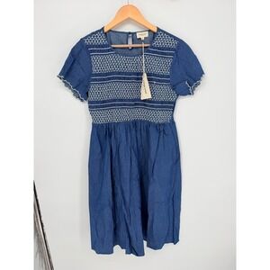 Orange Creek Dress L Blue Smocked Embroidered Scalloped Cottagecore Boho
